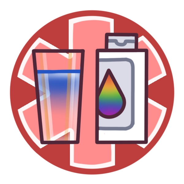 A red circle with a medical asterisk. Overlaid is a bottle of dye with a rainbow droplet on it, and a glass of water with blue dye dispersing into it.